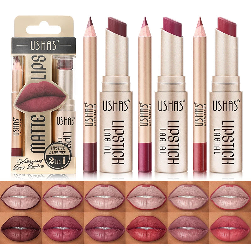 2 In 1 Lipstick Set Makeup Matte Lipstick & Lip Liner Pencil Waterproof