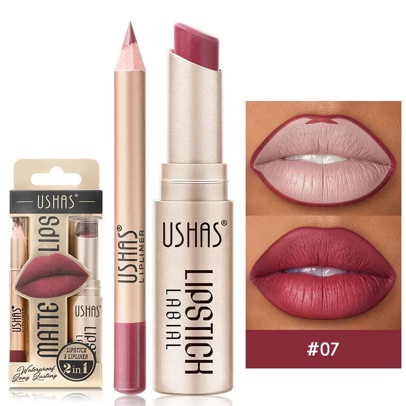 2 In 1 Lipstick Set Makeup Matte Lipstick & Lip Liner Pencil Waterproof