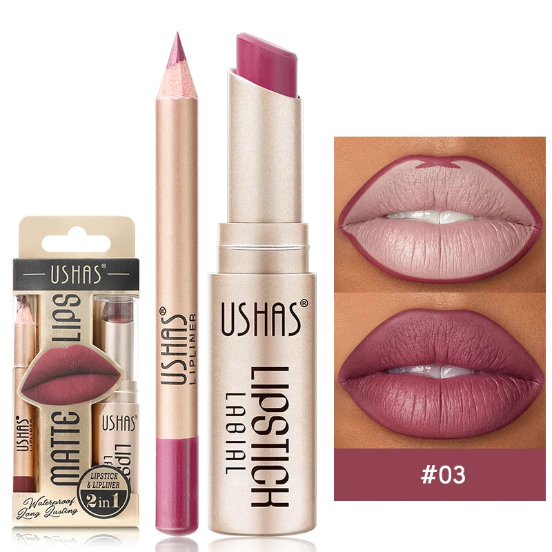 2 In 1 Lipstick Set Makeup Matte Lipstick & Lip Liner Pencil Waterproof