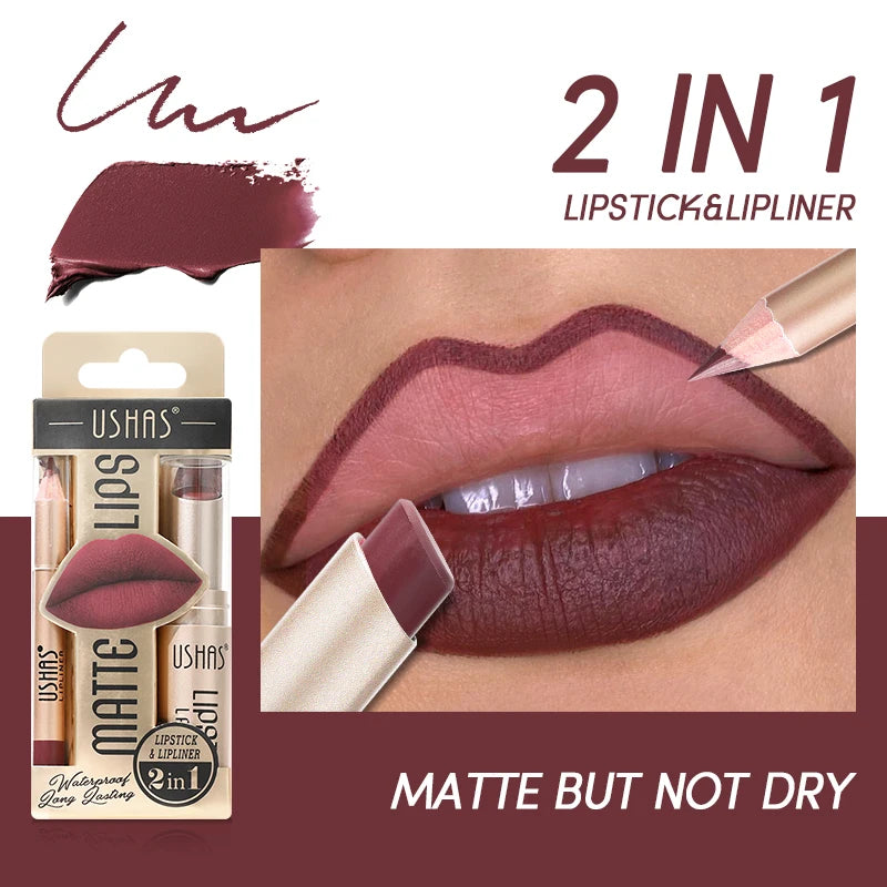2 In 1 Lipstick Set Makeup Matte Lipstick & Lip Liner Pencil Waterproof