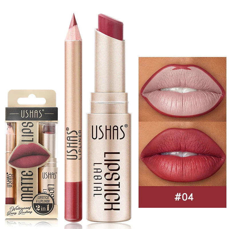 2 In 1 Lipstick Set Makeup Matte Lipstick & Lip Liner Pencil Waterproof