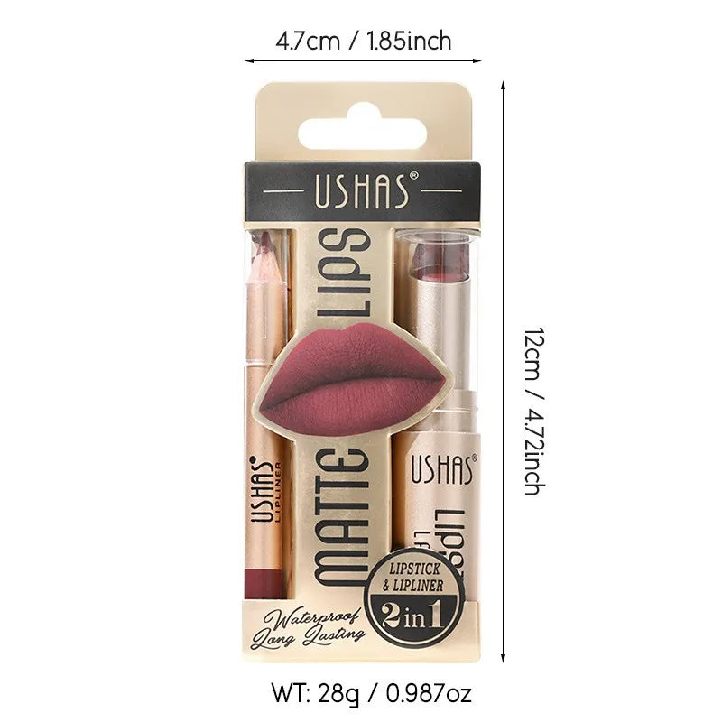 2 In 1 Lipstick Set Makeup Matte Lipstick & Lip Liner Pencil Waterproof