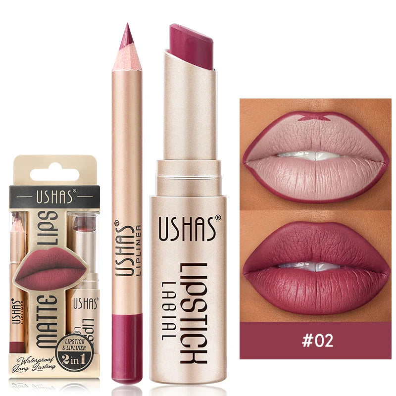 2 In 1 Lipstick Set Makeup Matte Lipstick & Lip Liner Pencil Waterproof