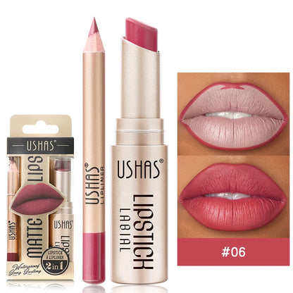 2 In 1 Lipstick Set Makeup Matte Lipstick & Lip Liner Pencil Waterproof